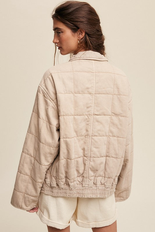 Listicle Quilted Long Sleeves Front Zip Up Denim Jacket