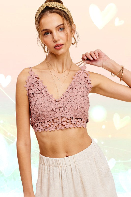 La Miel Crochet Floral Lace Spaghetti Straps V-Neck Padded Bralette Top