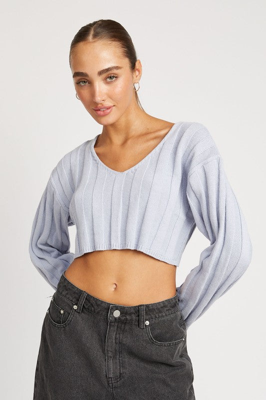 Emory Park Wide Rib Long Sleeves V-Neck Cropped Sweater