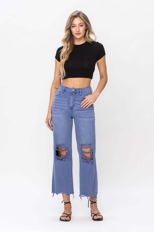 VERVET Indigo 90's Vintage Destroyed Knees Raw Hem Cropped Flare Jeans