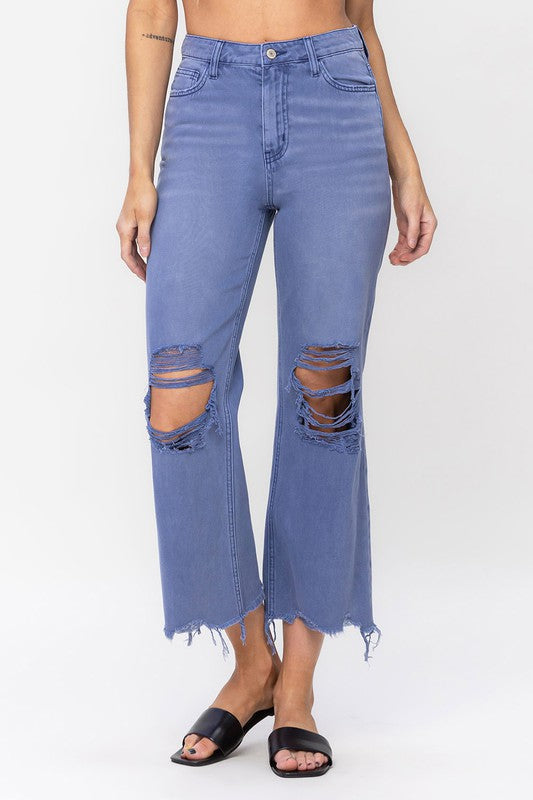 VERVET Indigo 90's Vintage Destroyed Knees Raw Hem Cropped Flare Jeans