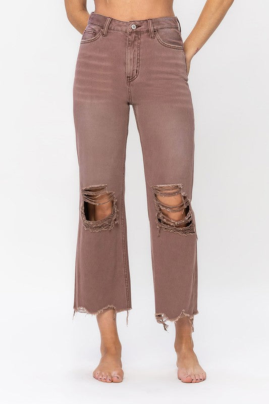 VERVET Aztec 90's Vintage Distressed Knees Washed Chocolate Cropped Flare Jeans