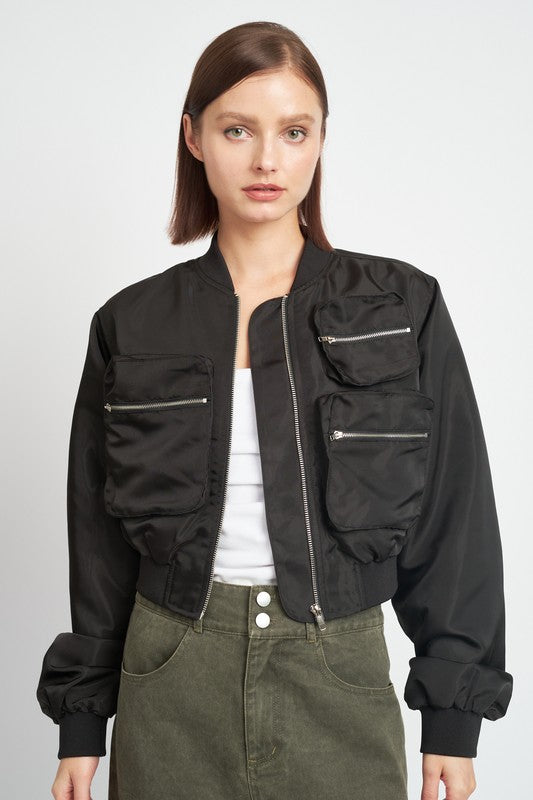 EMORY PARK Long Sleeves Cropped Bomber Jacket with Pockets