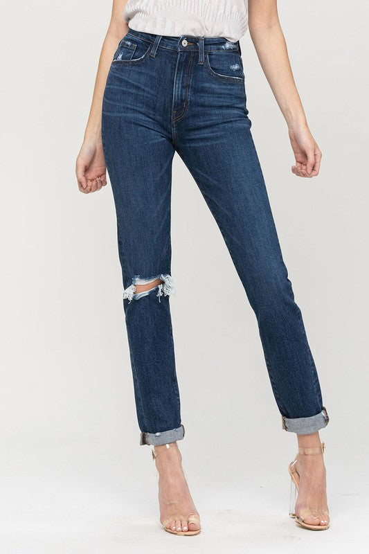 VERVET Modern Love Distressed Knee Roll Up Stretch Cropped Mom Jeans