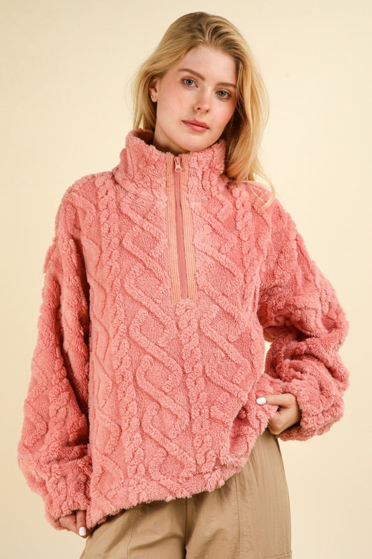 VERY J Fuzzy Half Zip Up Mock Neck Fleece Cozy Cable Knit Sweatshirt | Blush