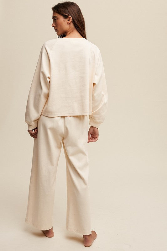 Listicle V-Neck Sweatshirt & Drawstring Waist Wide Leg Pants Set | Cream
