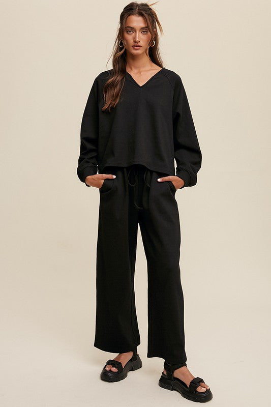 Listicle V-Neck Sweatshirt & Drawstring Waist Wide Leg Pants Set | Black
