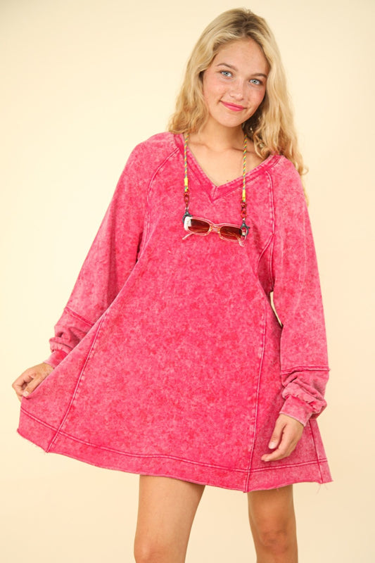 VERY J Mineral Wash Raglan Sleeves V-Neck Oversized A-Line Mini Dress | Magenta