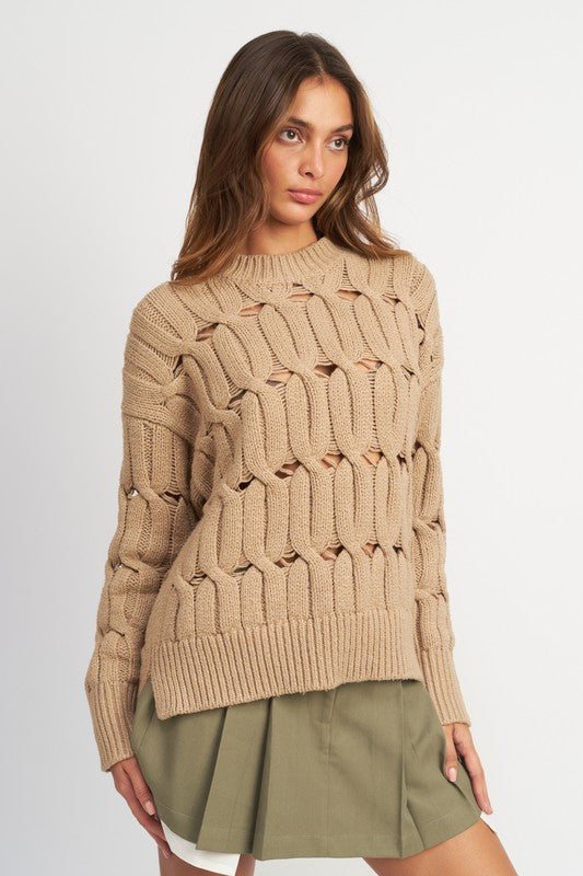 EMORY PARK Round Neck Open Knit Sweater with Side Slits