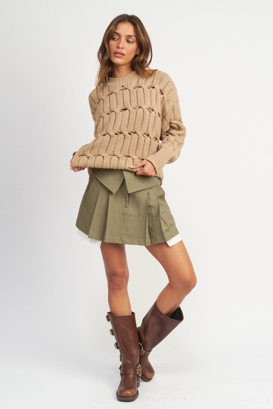 EMORY PARK Round Neck Open Knit Sweater with Side Slits