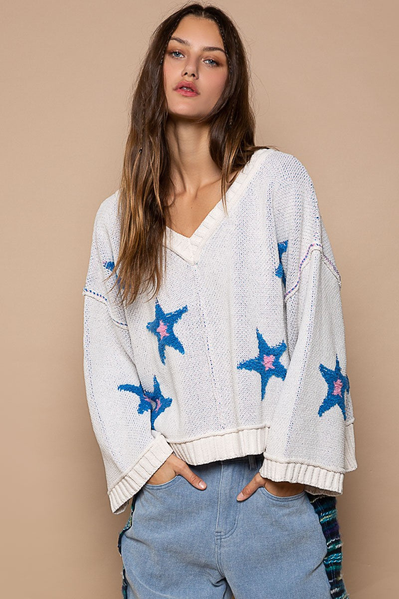 POL Relaxed Fit Long Sleeves Star Patch V-Neck Pullover Sweater | Charcoal