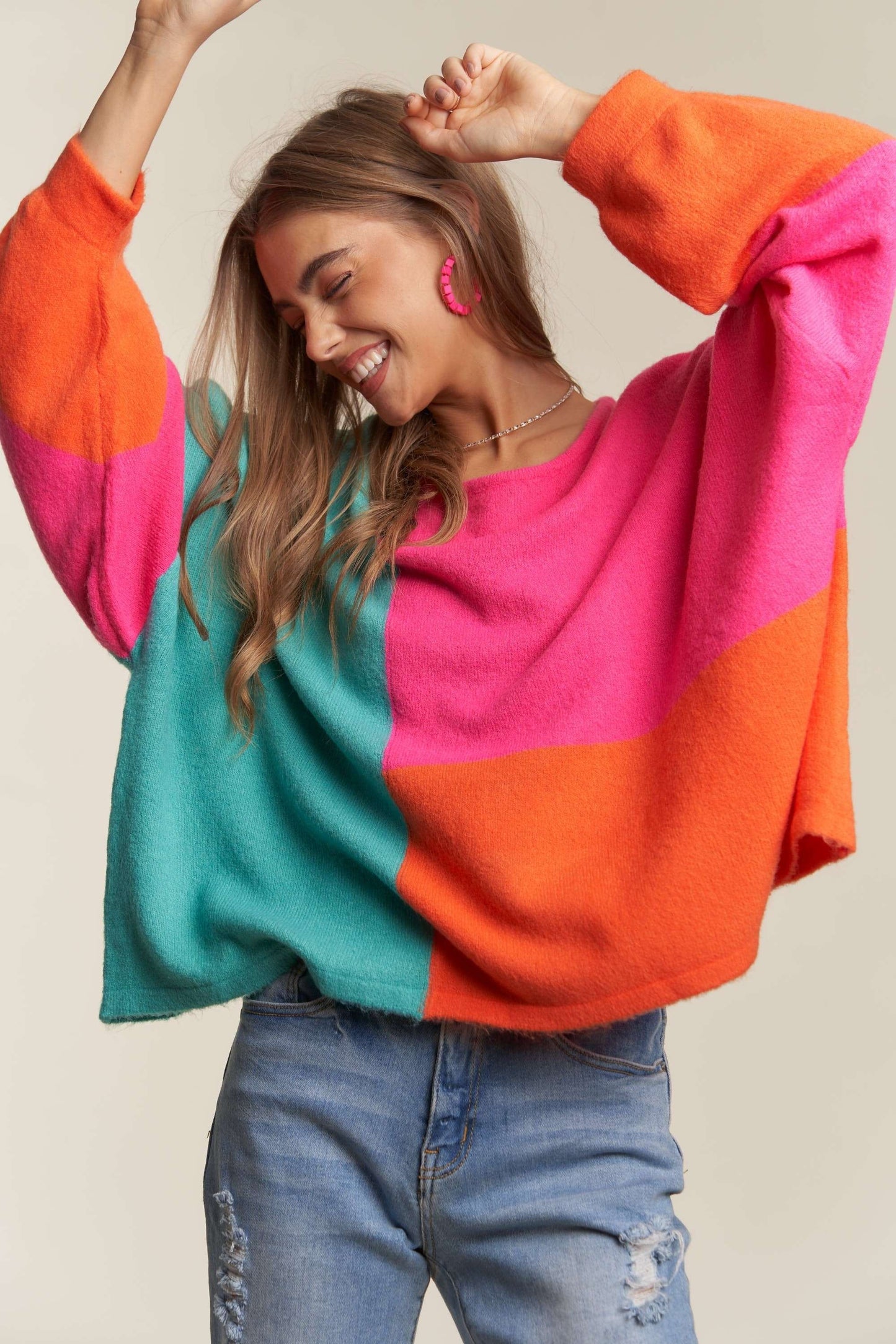 ADORA Color Block Long Sleeves Round Neck Oversized Pullover Sweater | Hot Pink
