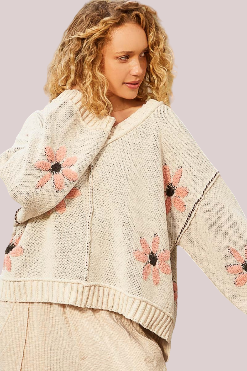 POL V-Neck Floral Pattern Chenille Long Sleeves Pullover Sweater | Pale Almond