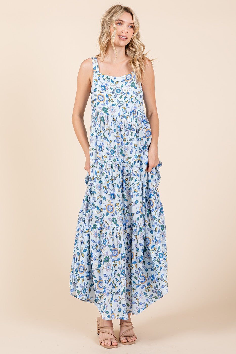 Mittoshop Flower Print Tiered Square Neck Sleeveless Empire Maxi Dress | Blue