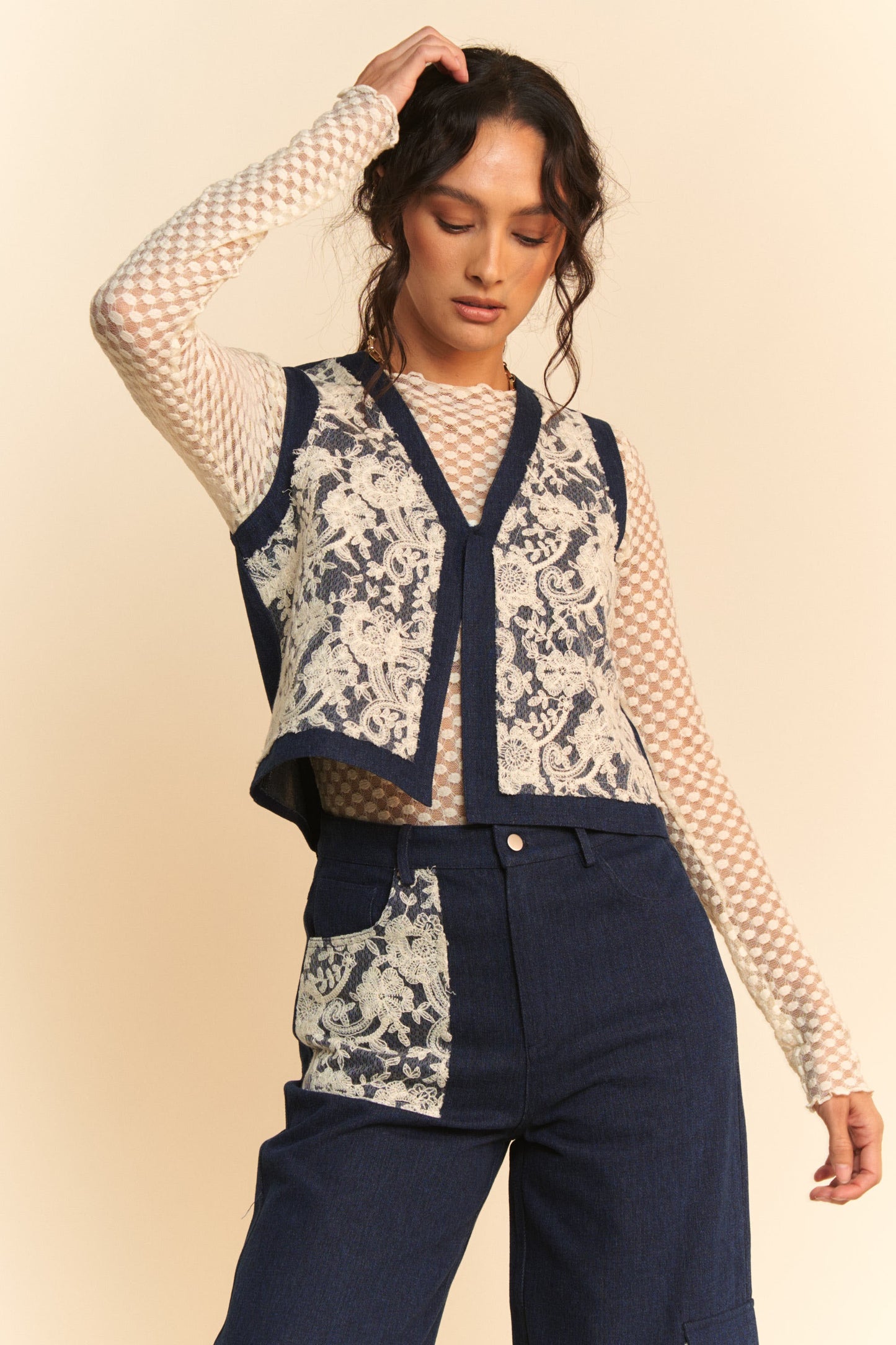 Davi & Dani Casual Textures Lace Patch Detail Open Front Denim Vest | Dark Blue