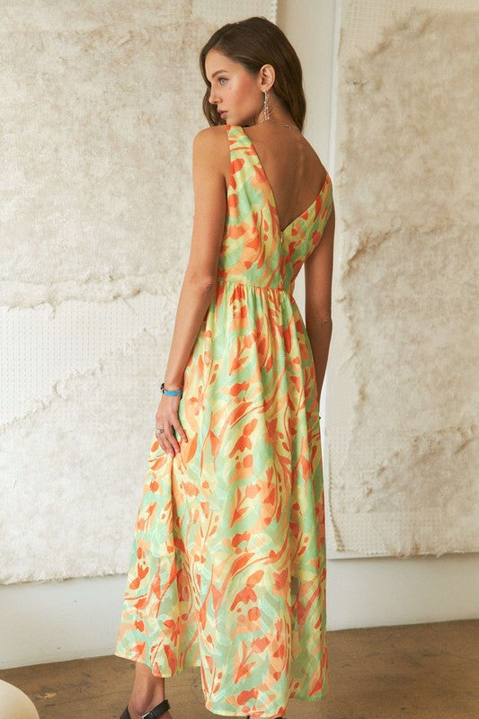 ADORA Abstract Floral Pattern V-Neck Sleeveless Zipper Back Maxi Dress | Coral