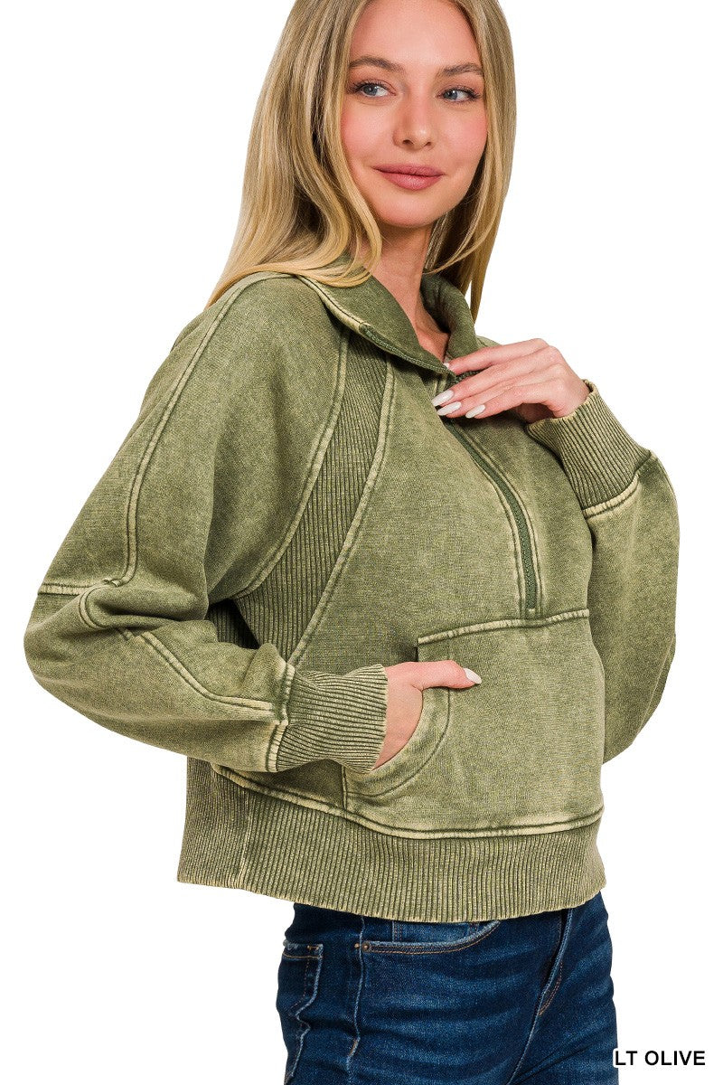 ZENANA Acid Wash Half Zip Fleece Pullover Kangaroo Pocket Sweatshirt | Ash Black