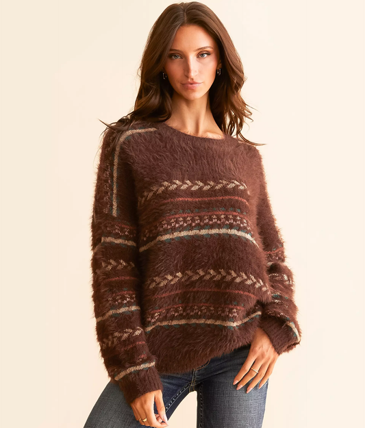 Threaded Pear Madison Ethnic Pattern Knitted Drop Shoulder Soft Sweater | Brown