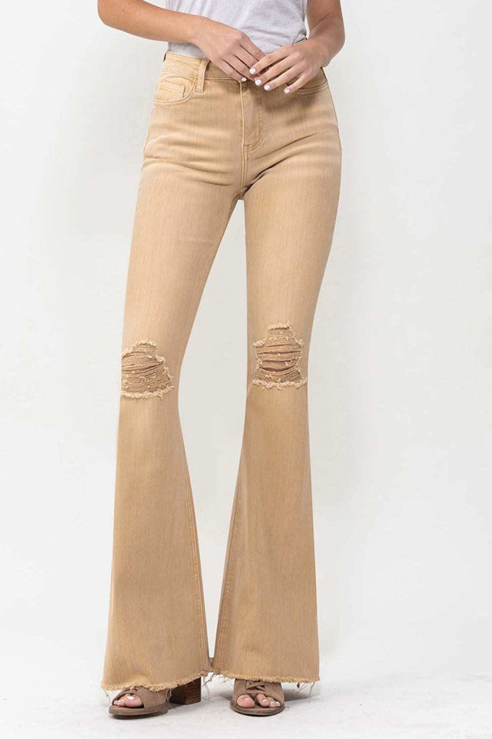 VERVET Dew Drop High Rise Frayed Hem Distressed Knees Khaki Flare Jeans