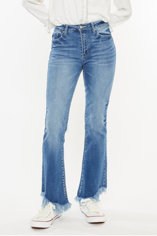 KanCan High Rise Raw Hem 5 Pockets Design Medium Wash Ankle Bootcut Denim Jeans