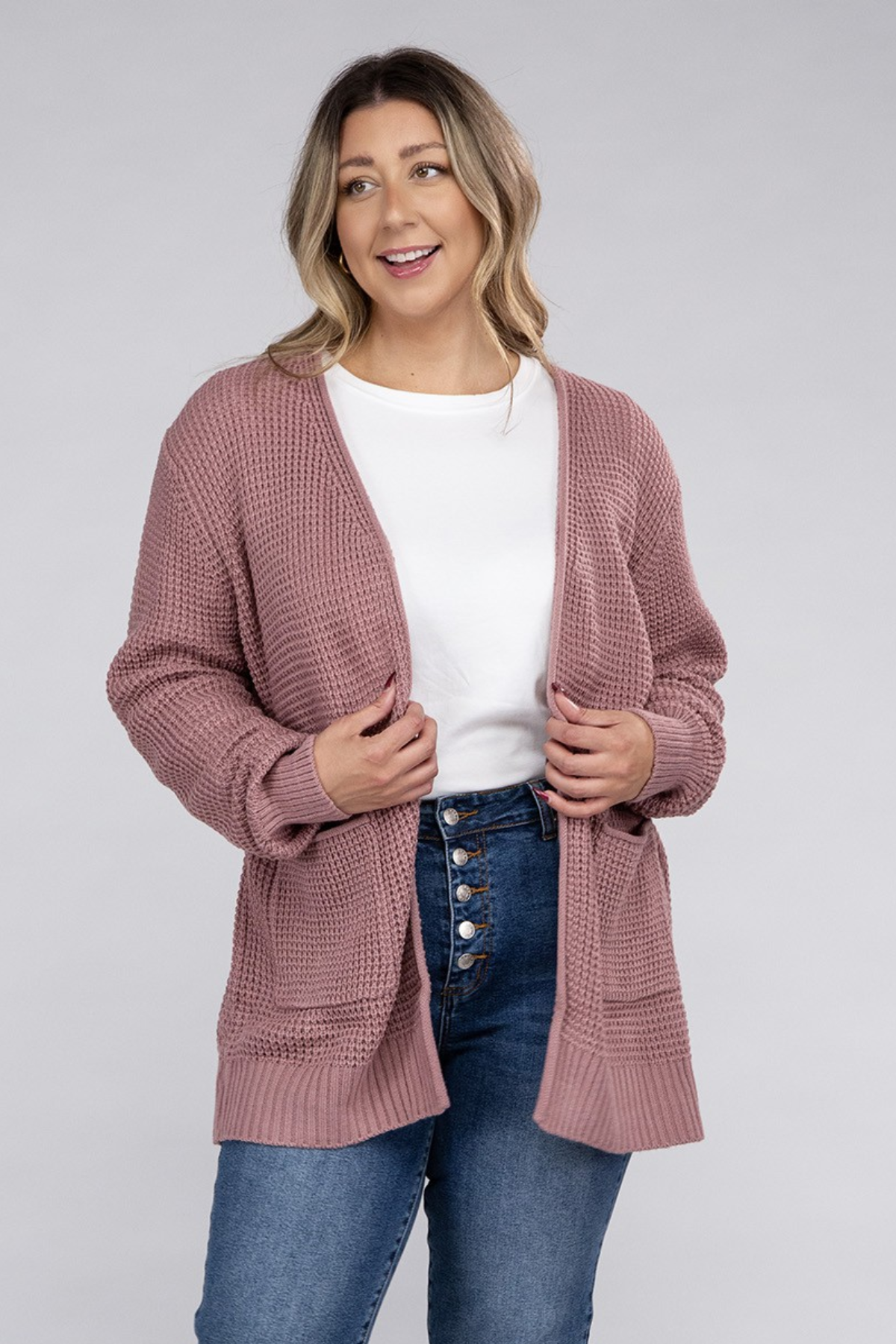 ZENANA Plus Low Gauge Waffle Oversized Open Front Sweater Cardigan