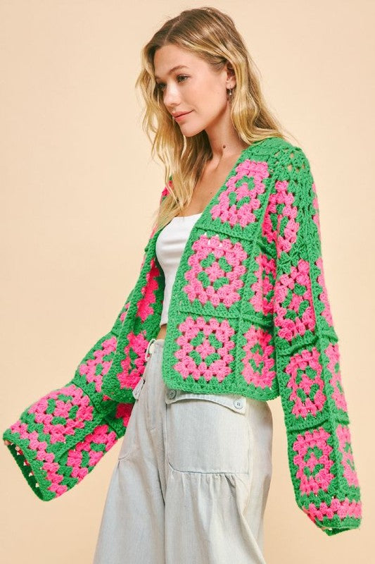 Davi & Dani Full Size Two Tone Flower Square Crochet Open Front Cardigan | Pink Green