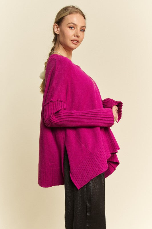 Davi & Dani Ribbed Side Slit V-Neck Sweater | Cerise