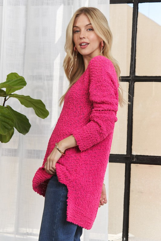 ADORA High-Low Side Slit V-Neck Sweater | Hot Pink