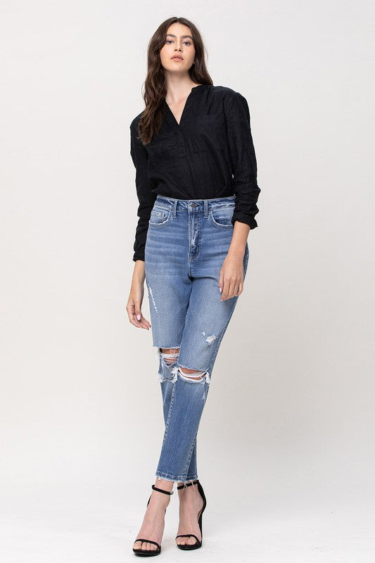 FLYING MONKEY Hollow Super High Rise Stretch Mom Jeans