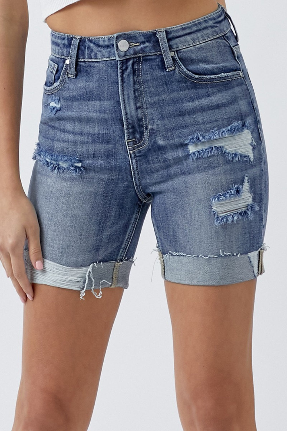 RISEN Full Size High Rise Distressed Rolled Medium Wash Denim Shorts