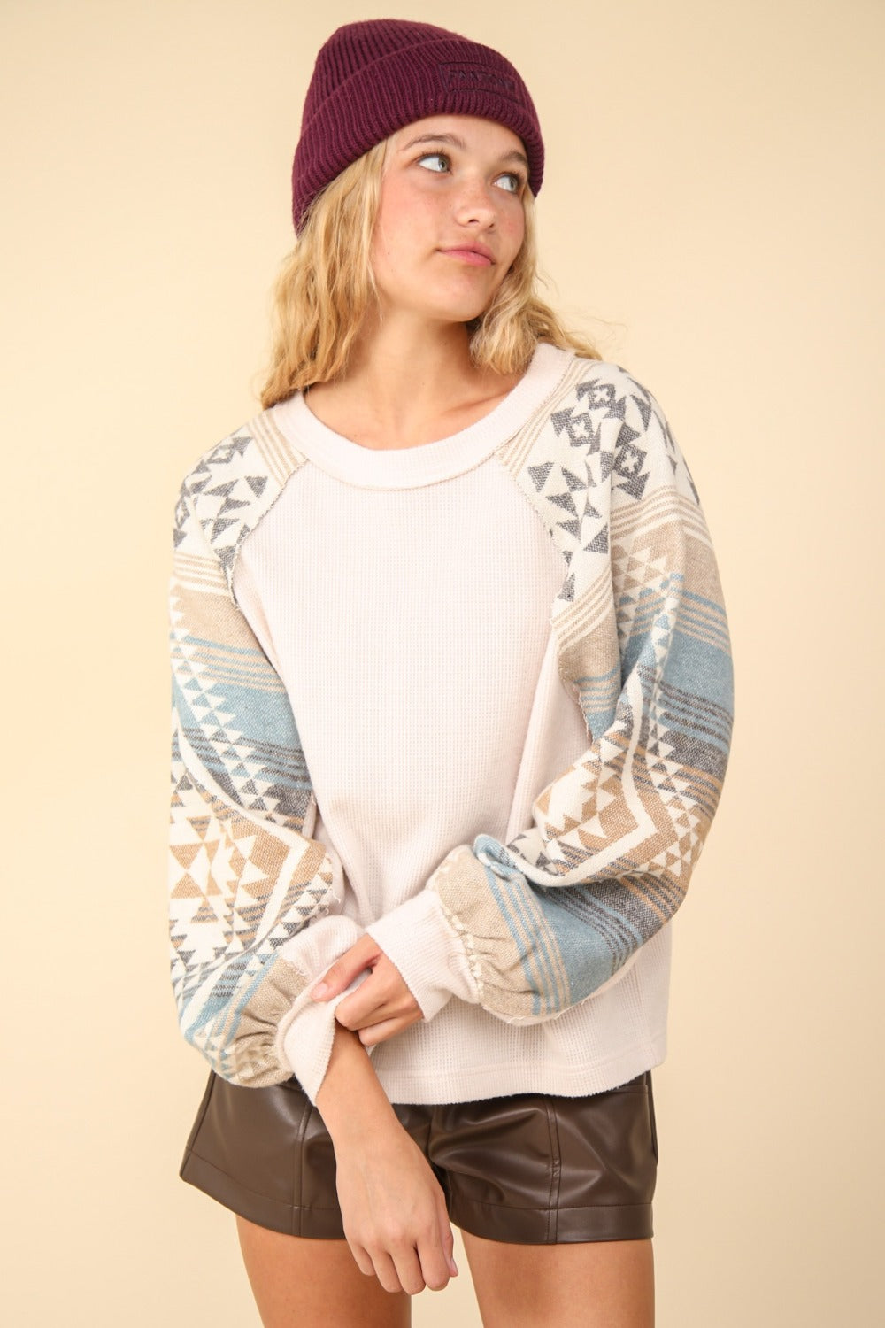 VERY J Aztec Printed Long Sleeves Round Neck Oversized Cozy Knit Top | Cream