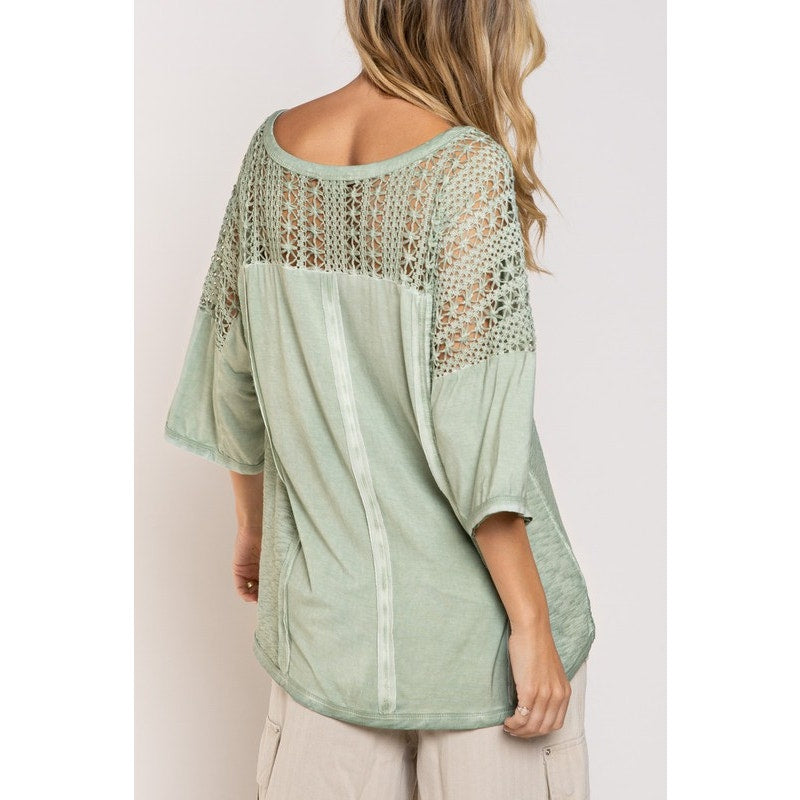 POL Feminine Boho Crochet Sleeves Raw Edge Back Yoke Soft Sage Blouse | Size S