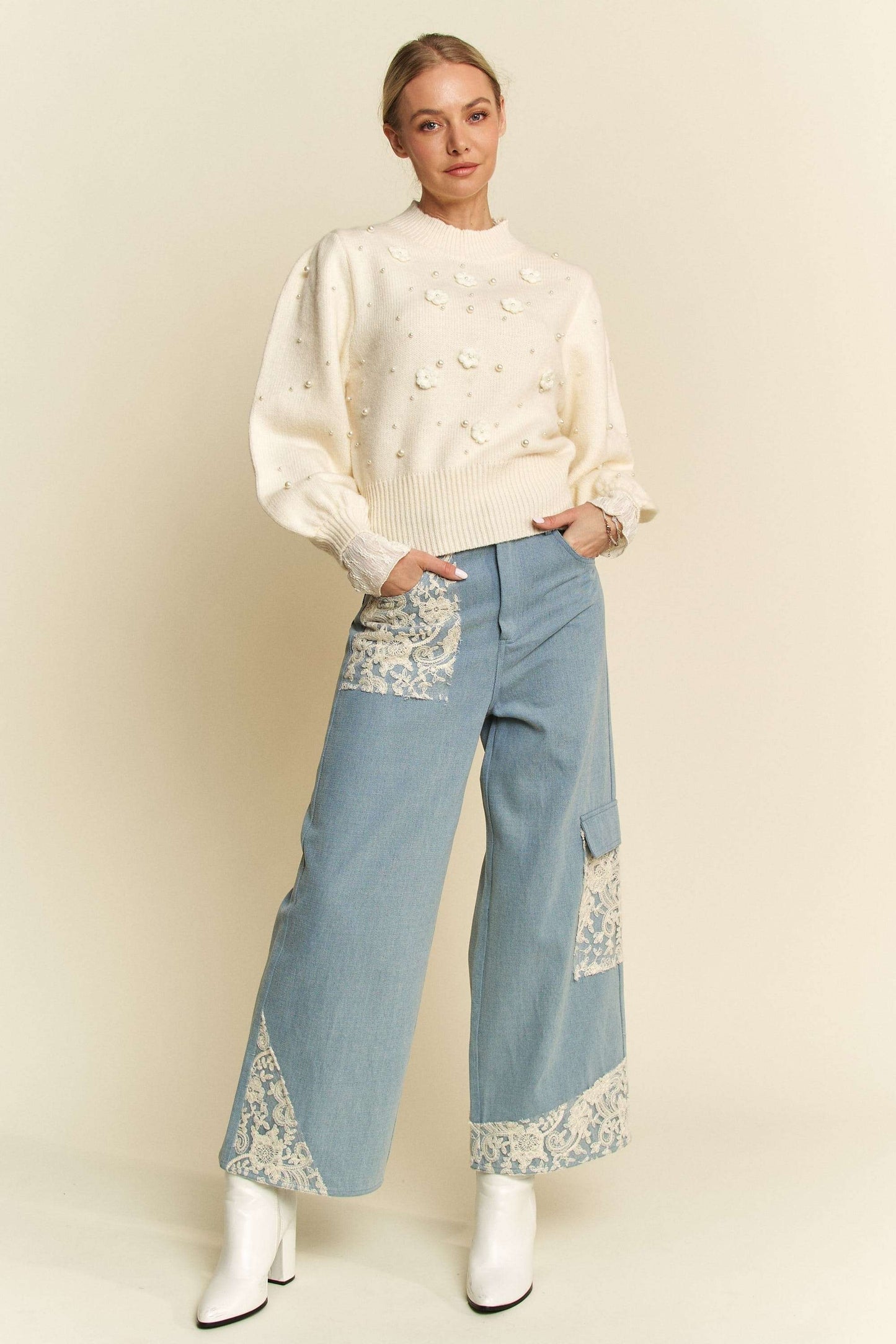 Davi & Dani Lace Applique Details Zipper Fly Wide Leg Denim Jeans | Light Blue