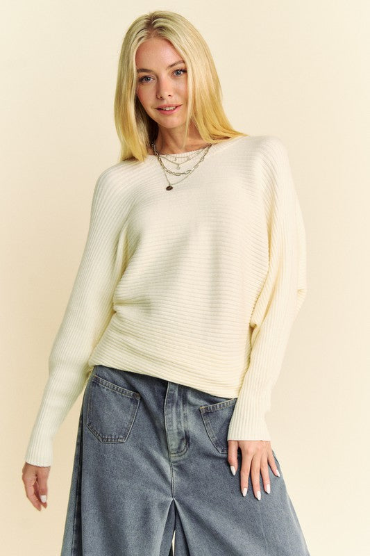 Davi & Dani Round Neck Batwing Sleeves Ribbed Knit Pullover Sweater | Cream