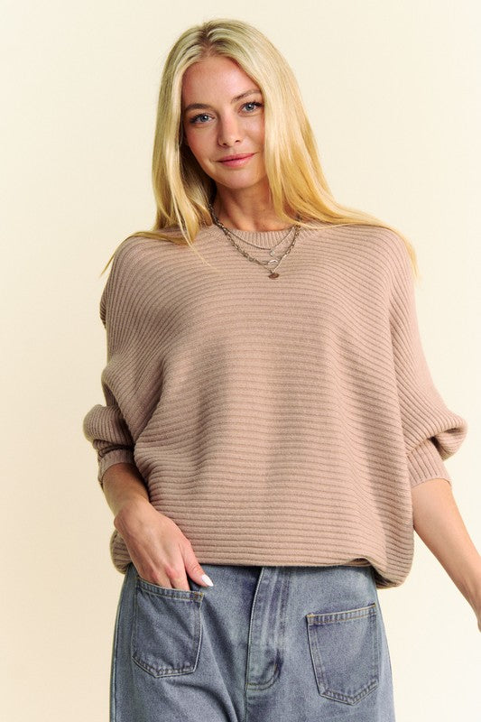 Davi & Dani Round Neck Batwing Sleeve Sweater | Tan