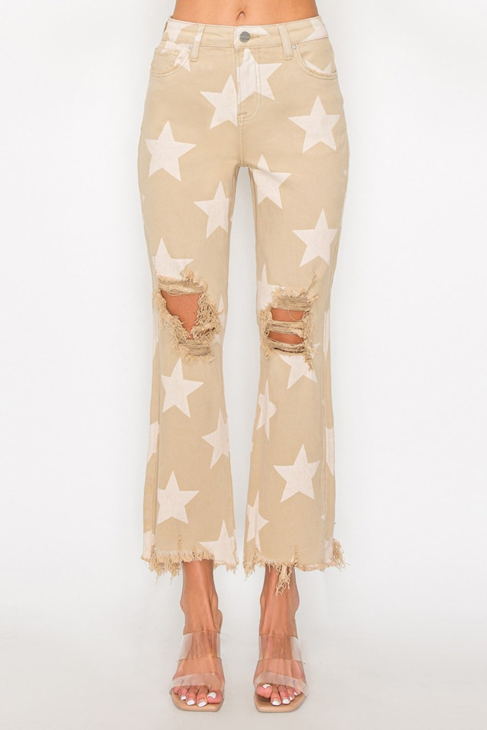 RISEN High Rise Star Printed Distressed Frayed Hem Straight Denim Jeans | Khaki