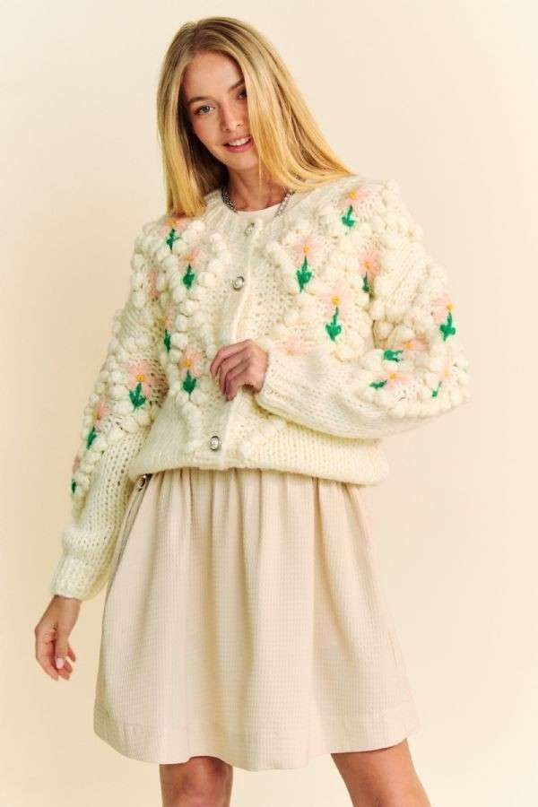 Davi & Dani Embellishments Floral Pattern Button Up Chunky Knit Cardigan | Cream