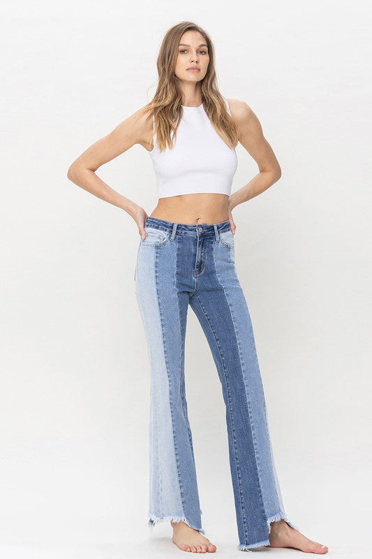 VERVET Charmingly High Rise Color Block Uneven Raw Hem Relaxed Flare Jeans