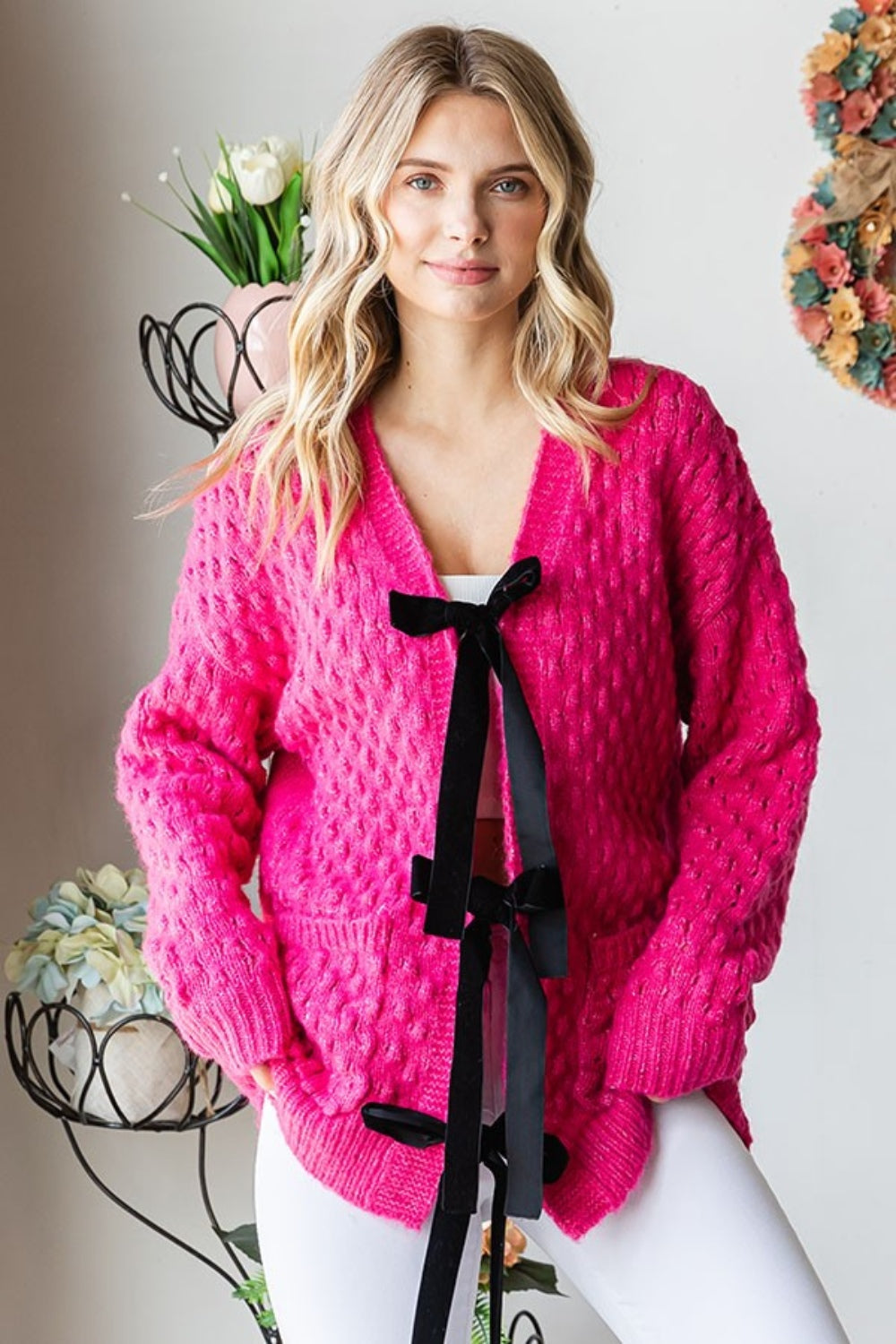 First Love Tie Closure Open Long Sleeves Relaxed Fit Knit Cardigan | Deep Rose