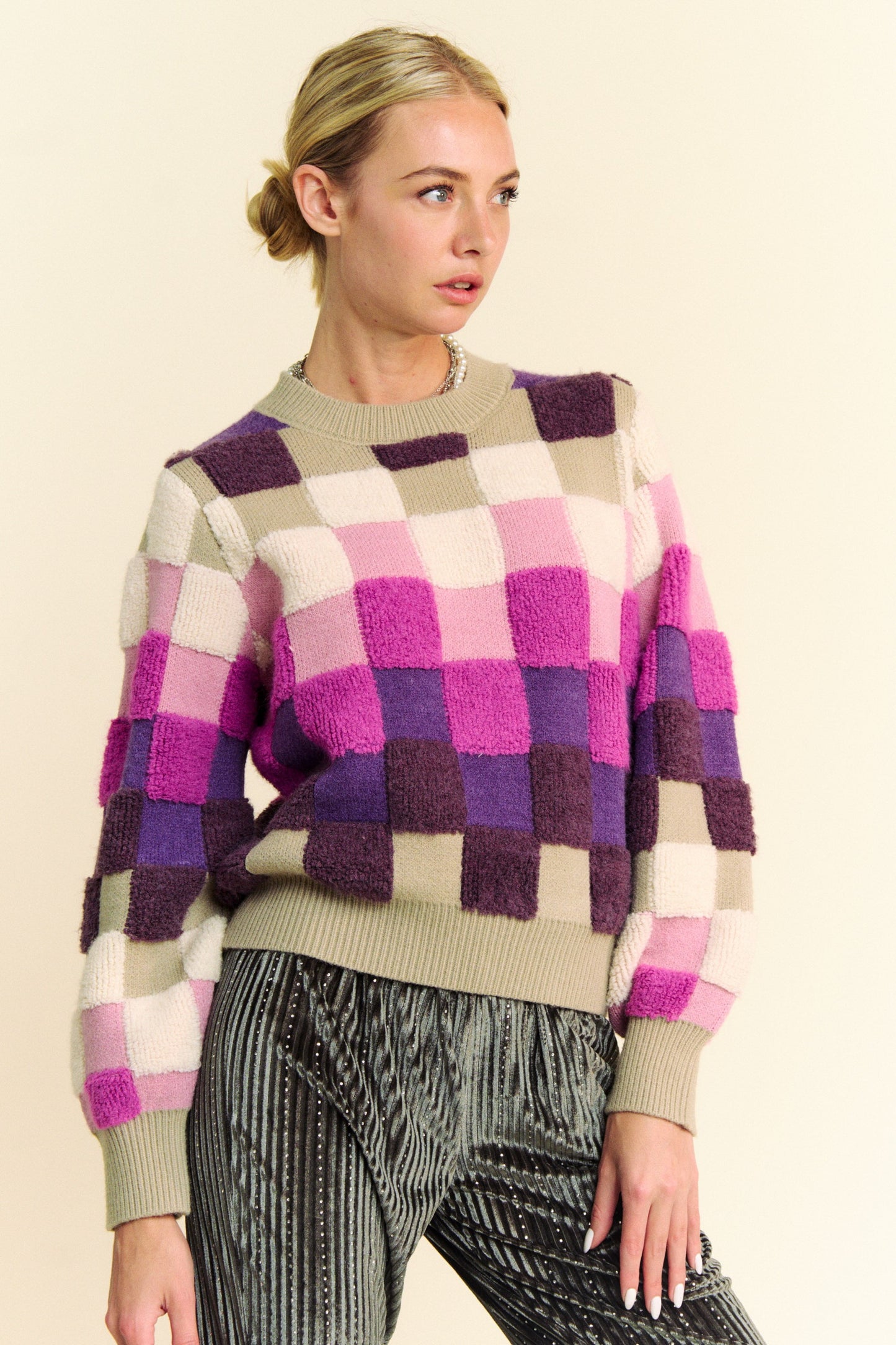 Davi & Dani Multicolor Checkered Round Neck Long Sleeves Knit Sweater | Purple