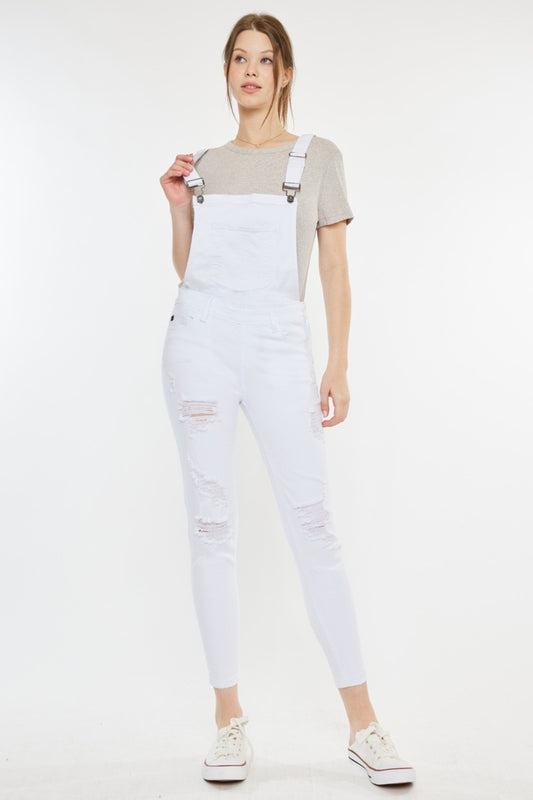 KanCan Distressed Mid Rise Pocketed Zip Fly White Skinny Denim Overalls