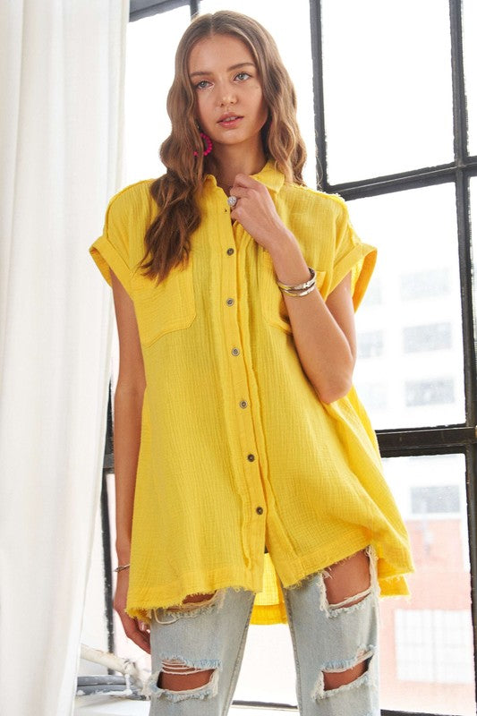 ADORA Raw Hem Collared Neck Short Sleeves Button Down Pockets Shirt | Yellow