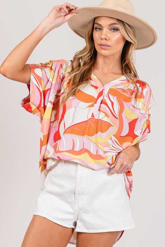 SAGE + FIG Abstract Print Half Button Short Sleeves Oversized Blouse | Coral