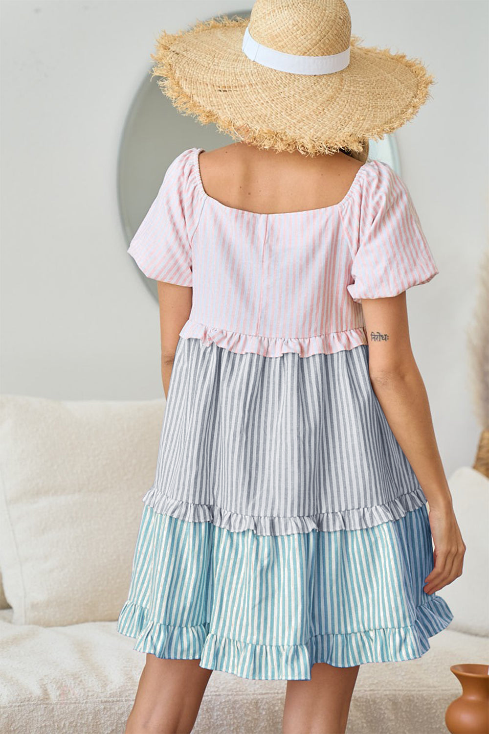 BiBi Striped Square Neck Puff Sleeves Ruffled Hem Tiered Mini Dress