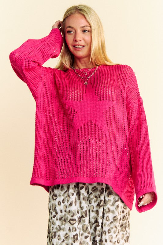 Davi & Dani Star Front Crochet Drop Shoulder Open Knit Pullover Sweater | Rose