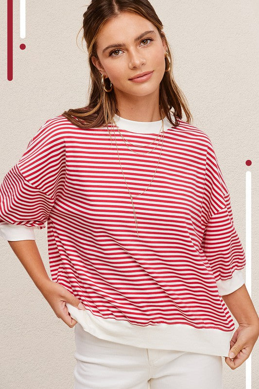 La Miel Oversized Crew Neck Striped Print Short Sleeves Top