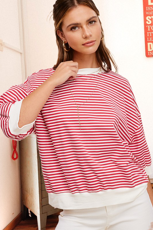 La Miel Oversized Crew Neck Striped Print Short Sleeves Top