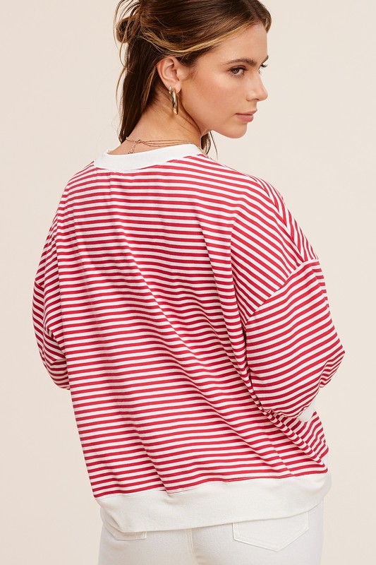 La Miel Oversized Crew Neck Striped Print Short Sleeves Top