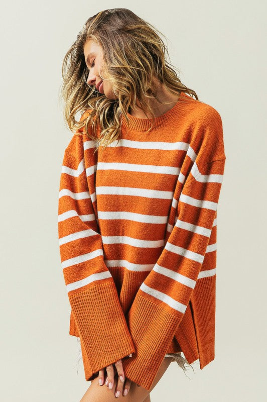 BiBi Oversized Ribbed Hem Stripe Pattern Long Sleeves Pullover Sweater