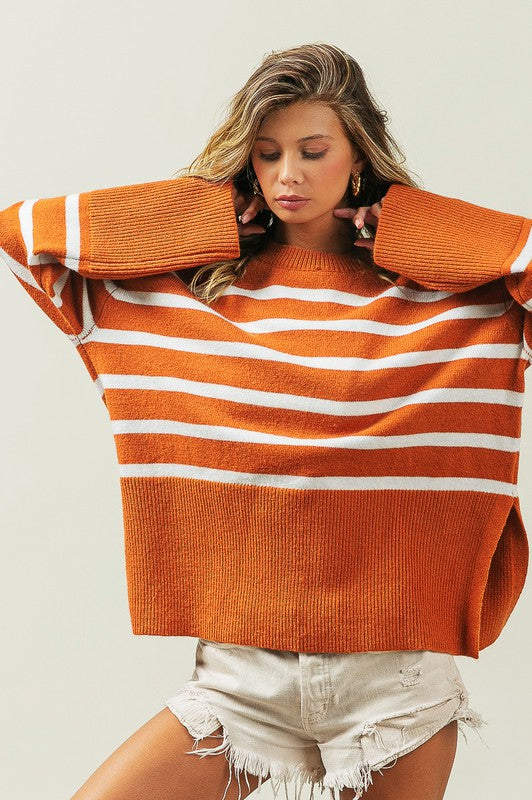 BiBi Oversized Ribbed Hem Stripe Pattern Long Sleeves Pullover Sweater